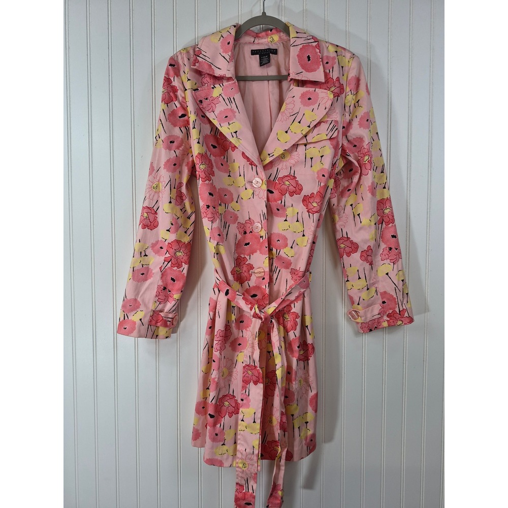 NEW Apostrophe Womens Pink Floral Trench Coat Belted Cotton Large 14-16 Outdoor